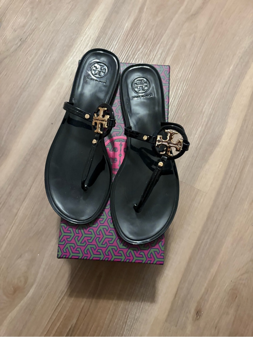 Tory Burch Black Sandal with Gold Logo Medallion